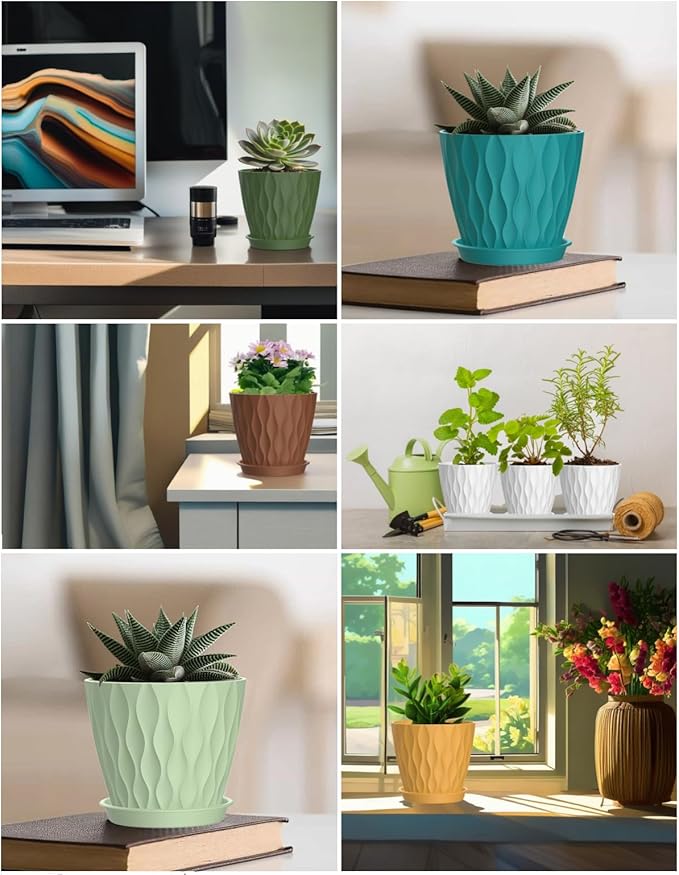 4 Inch Plant Pots, 6 Pack Indoor Flower Pots, Planters with Drainage Holes and Trays for Orchids, Violets, Succulents, Herbs, and Other Plants,Corolful SQKH