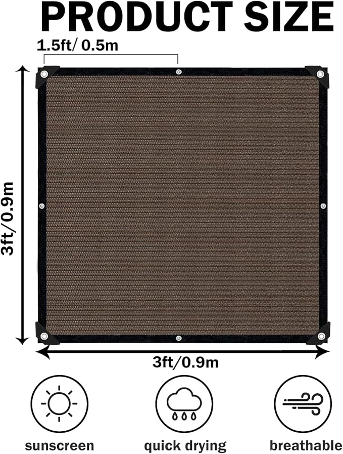 Sun Shade Cloth with Grommets,90% UV Protection Shade Fabric,Pergola Shade Cover Canopy Fence Privacy Screen Balcony,Brown Sunshades for Patio Pergola Garden Backyard Outdoor,Mocha-3x3FT IMSGVIFO