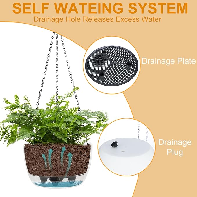 SUNNYPARK 2 Packs Hanging Planters Basket for Outdoor Plants, Solar Powered Self Watering Black Round Plastic Flower Pots with Drainer for Balcony Patio Garden Outdoor Decoration SUNNYPARK