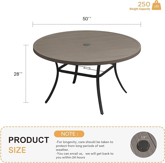 VICLLAX 50" Outdoor Round Patio Table with Umbrella Hole, All Weather Metal Round Outdoor Dining Table for Lawn Garden, 6-8 Person Table, Grey Wood Grain HOME