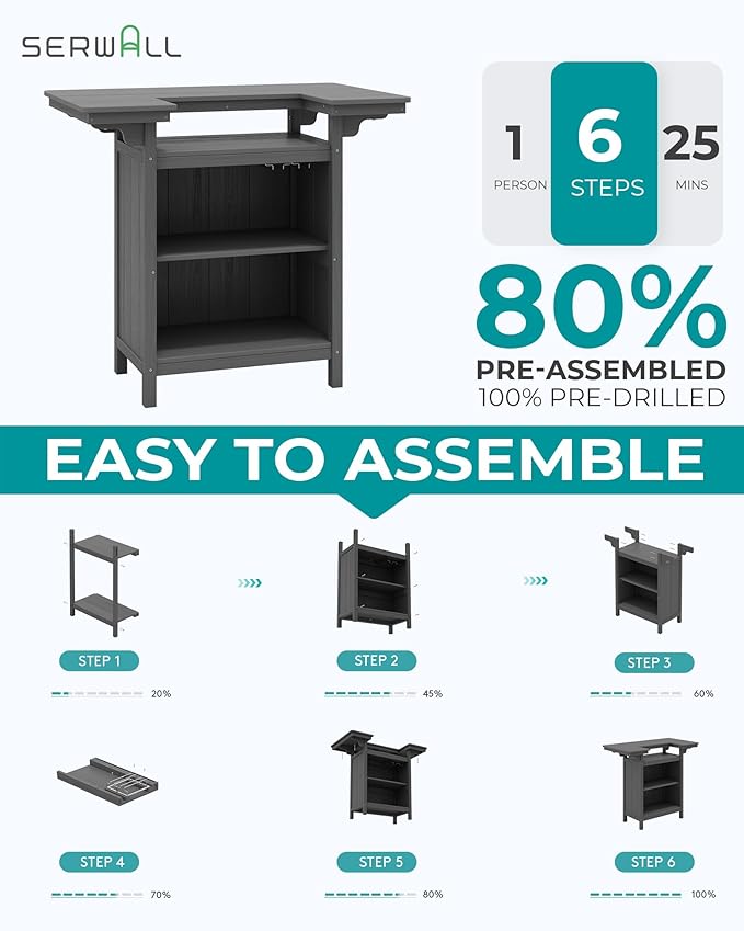 SERWALL Outdoor Bar Table Set (1 Table with 2 Chairs) – HDPE Grey Patio Bar Cabinet with 4-Tier Storage & Spacious Tabletop, Perfect for Outdoor, Poolside, Backyard SERWALL