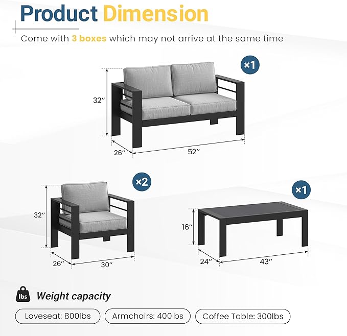 Solaste Aluminum Patio Furniture Set for All Weather, Oversized Metal Outdoor Furniture Set with 27.5" Deep Seating and 3.2" WIde Armrest, Outdoor Patio Conversation Sets with 10’’ Back Suport Cushion Solaste