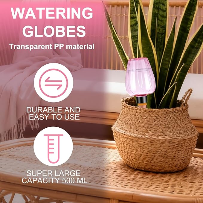 4 Pcs Plant Watering Globes Self Watering Planter Insert Plants Top Fill Water Device Plastic Water Bulbs Slow Release Terracotta for Plants, Pink Rootora