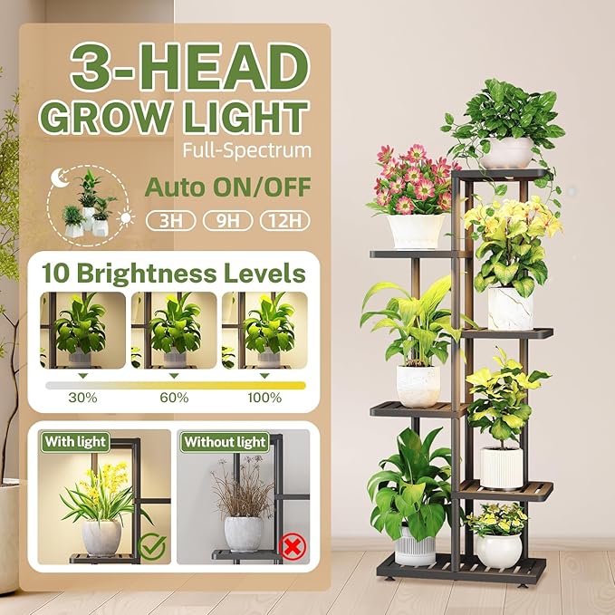 iDavosic.ly Plant Stand with Grow Light Indoor Outdoor, 5-Tier Tall Metal Flower Shelf for Heavy-Duty Large Planters, Corner Orchid Display Rack for Living Room Balcony Patio Porch, Modern Black iDavosicly