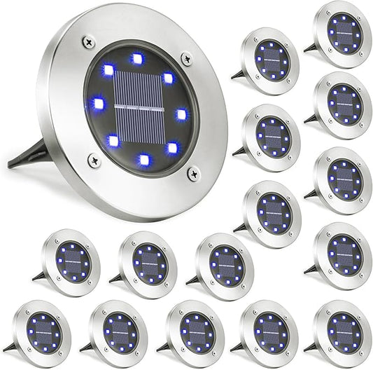 LYHOPE Solar Ground Lights Outdoor, 16 Pack 8 LED Solar Disk Lights Waterproof Garden In-ground Pathway Lights Landscape Lighting for Lawn,Yard,Deck,Patio,Walkway (Blue) LYHOPE