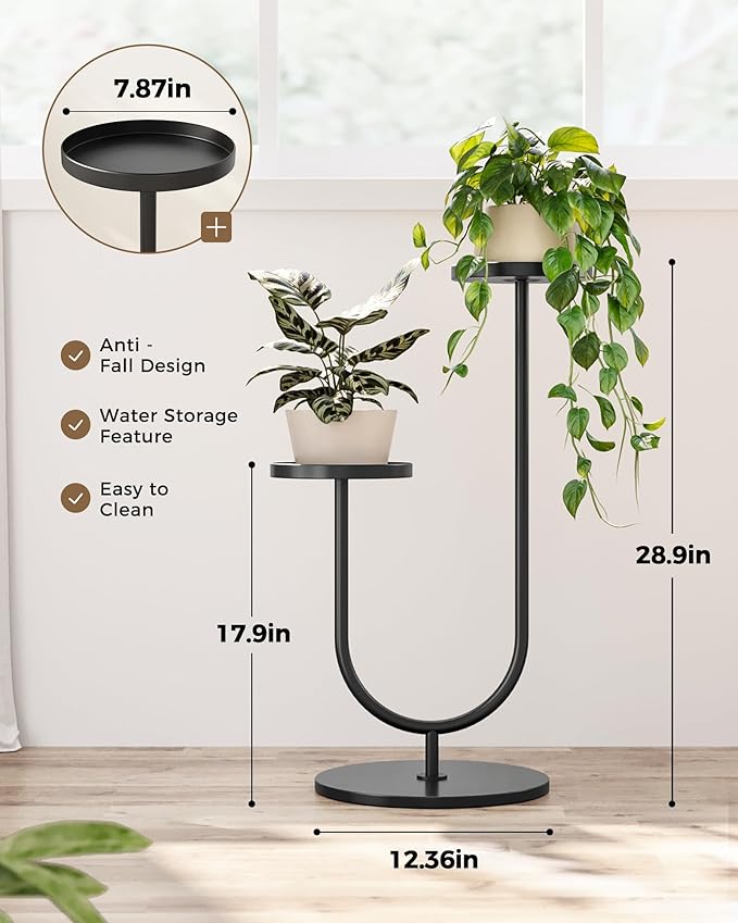 Bamworld Outdoor Plant Stand Metal Plant Stand Indoor Corner Plant Stands 2 Tier Plant Shelf for Tall Plant Holder Black Plant Shelves for Living Room Bedroom Midcentury Modern Home Decor Bamworld