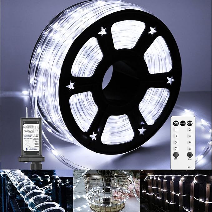 100Ft 720 LED Rope Lights Outdoor Waterproof with Remote, 8 Modes and 4 Brightness Rope Lights for Outside, Garden, Patio, Pool, Bedroom, Party, Indoor Outdoor Decoration (Cool White) Soiarllt