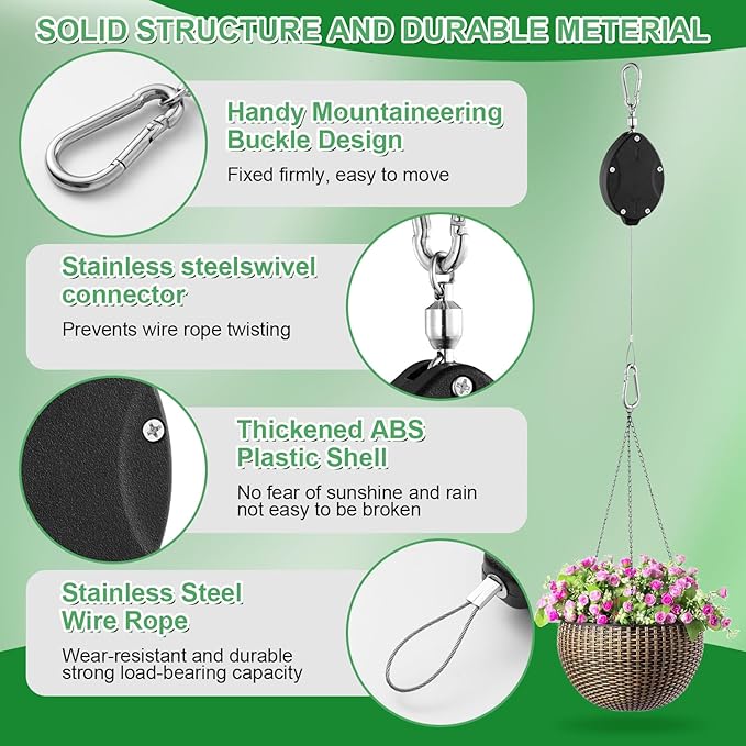 1 Pack Heavy Duty Retractable Plant Hangers, Adjustable Pull-Down Pulleys with 63" Stainless Steel Rope, Double Hooks for Hanging Plants, Bird Feeders, Planters & Pots, Indoor & Outdoor Use FYRVEXENZI
