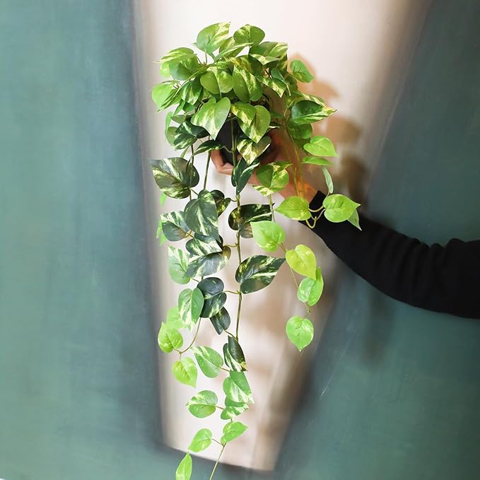 Fake Pothos Hanging Plants - 33" Set of 2 Artificial Silk Ivy Vines with Pots, Realistic Faux Greenery for Indoor Home Office Bathroom Decor, Low Maintenance Hanging Plant Decoration - Golden Green ALYPTUS