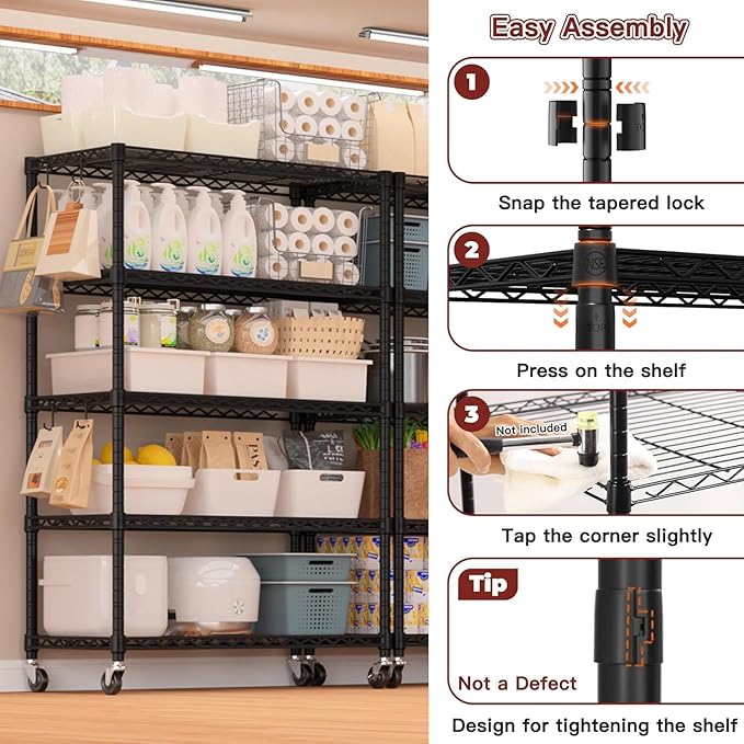 Xcity Storage Shelves, 5 Tier Heavy Duty Metal Shelving Unit with Wheels, 2000 LBS Capacity Adjustable Steel Wire Shelf Organizer for Pantry, Kitchen, Garage, 18" D x 36" W x 72" H, Black Rootora