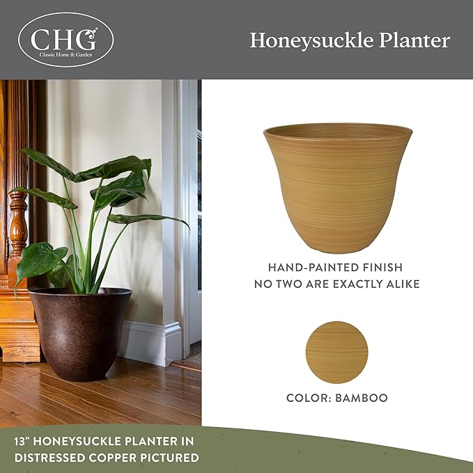 Classic Home and Garden Honeysuckle Resin Planters - Lightweight Indoor & Outdoor Plant Pots - UV-Resistant Plastic Flower Pots - Pot Planters for Flowers & Herbs (15" Bamboo) ClassicHomeandGarden