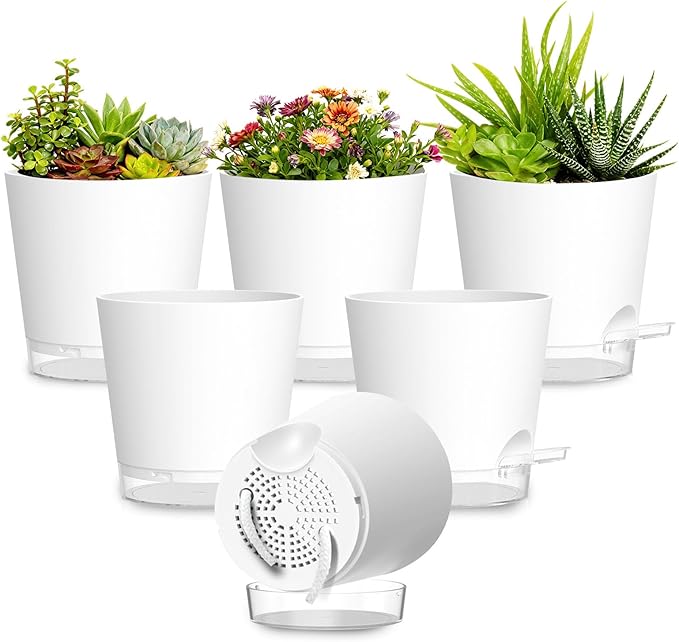 Plant Pots 5 Inch Self Watering Pots,6 Pack Plastic Planters with Drainage Holes and Clear Saucers,Plastic Flower Pots,Nursery Planting Pot for Indoor Out Door Plants (White) SQKH