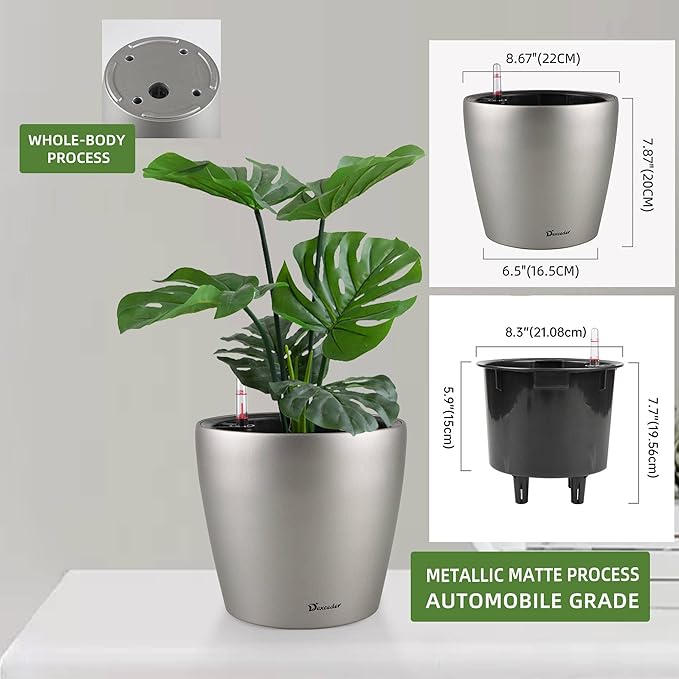 Dexceder 9x8 Inches Self Watering Planter Metallic Matte Indoor Outdoor, Inner Pot Design, Thickened Table Flower Plant Pot with Water Level Indicator (Smoky Gray) Dexceder
