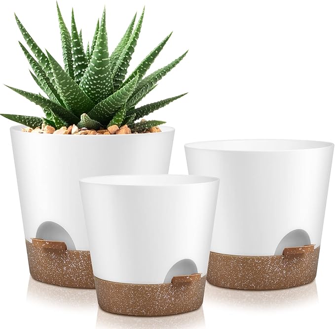 Indoor Outdoor Plant Pots- Self Watering Planters with Drainage Holes and Saucers, 9,8, 7.5 Inches, 3 Pots (Snow) AFamilyofGardenLovers