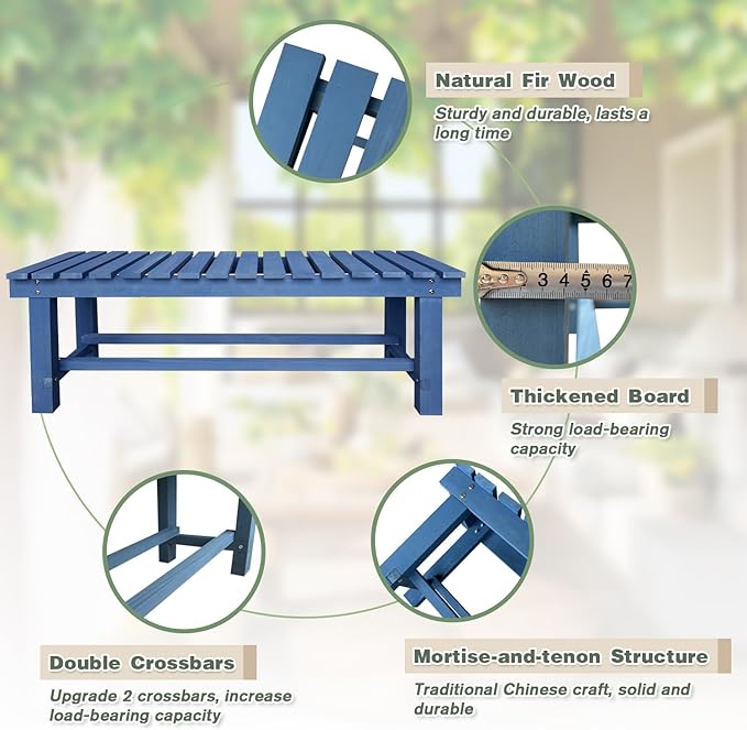 Outdoor Garden Wood Bench, 3-Person Weatherproof Wooden Bench Park Narrow Bench, Never Rot or Fade Waterproof Backless Bench for Entryway, Outdoor, Patio, Porch, Backyard and Park (Blue,47.2''/120cm) LSPYYDS