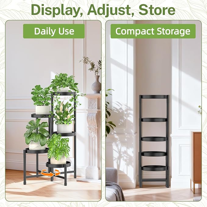 iDavosic.ly Plant Stand Indoor Outdoor, 5 Tier Corner Metal Flower Display Holder Shelf, Easy Assembly Folding Tall Orchid Rack for Patio Balcony Porch Garden Living Room House, Black iDavosicly