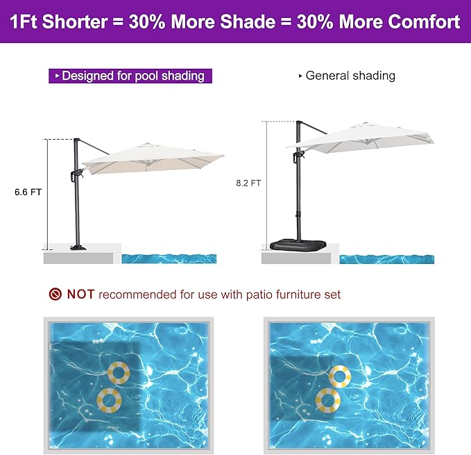 PURPLE LEAF 8' X 8' Patio Umbrella with Steel Plate Base for Pool 7' High Offset Outdoor Cantilever Umbrella Swimming Pool Umbrella with 360°Rotation for Poolside Beige PURPLELEAF