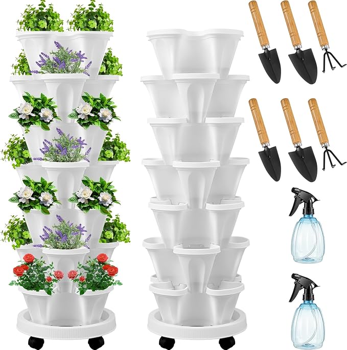 Umigy 2 Set of 7 Tier Vertical Planter Stackable Tower Planters Strawberry Herb Flower and Vegetable Pots Indoor Outdoor Gardening Pots with Removable Wheels and Tools(White,Classic) Umigy