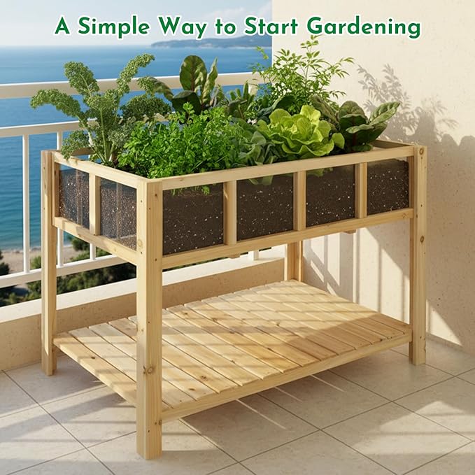 Raised Garden Bed with Transparent Acrylic Panels, Elevated Wooden Raised Garden Bed Planter, Fir Wood Outdoor Planter Box for Herbs, Flowers & Patio Balcony Gardening (Natural) Ketive