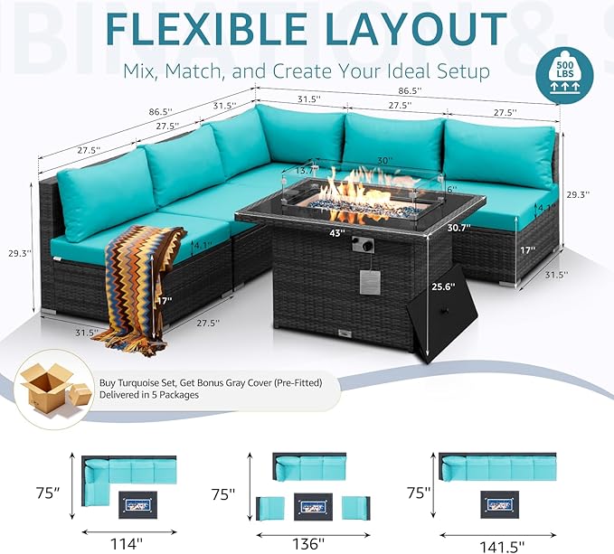 NICESOUL 6 Piece L Shaped Patio Furniture Set with Fire Pit Natural Gas/Propane, 29.3'' High Back Comfy Outdoor Conversations for Outside, Big Size Deep Wide Couches, 2 Color Cushion Turquoise & Grey NICESOUL