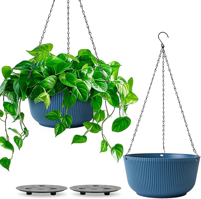 T4U 10 Inch Hanging Planters for Indoor Outdoor Plants, Hanging Baskets for Plants Pack of 2, Self Watering Hanging Pots with Drainage Hole for Garden Home Decor, Blue T4U