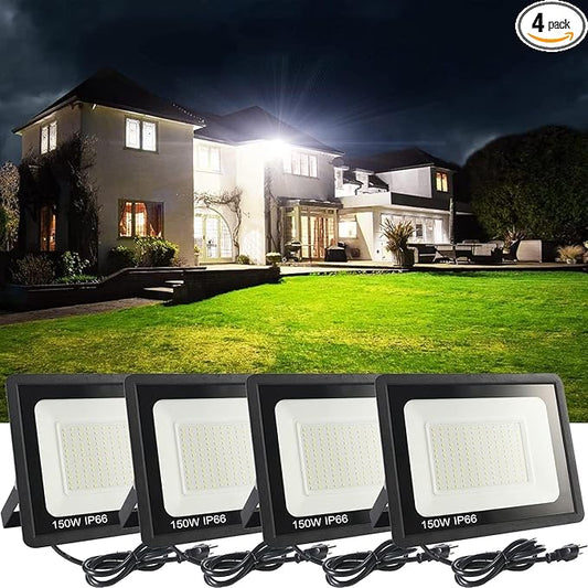 4Pack LED Flood Light Outdoor,150W LED Work Light 15000lmwith 6FT US Plug,IP66 Waterproof Exterior Security Lights,6000K Daylight White Outside Floodlights Slim Design for Playground Yard MUCLUD