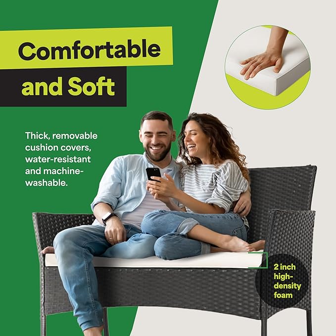 EconoHome 4-Piece Outdoor Patio Furniture Set - Patio Set with 2 Rattan Chairs, 1 Loveseat & 1 Glass -Top Coffee Table - Weather-Proof Wicker with Cushions - Conversation Set for Porch, Balcony, Lawn EconoHome