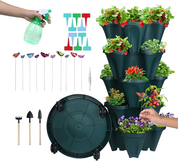 DUNCHATY Stackable Planter, Vertical Strawberry Planter with Garen Tool Set, Indoor/Outdoor 5 Tier Herb Planter Pots for Growing Vegetables and Succulents, Pine Green DUNCHATY