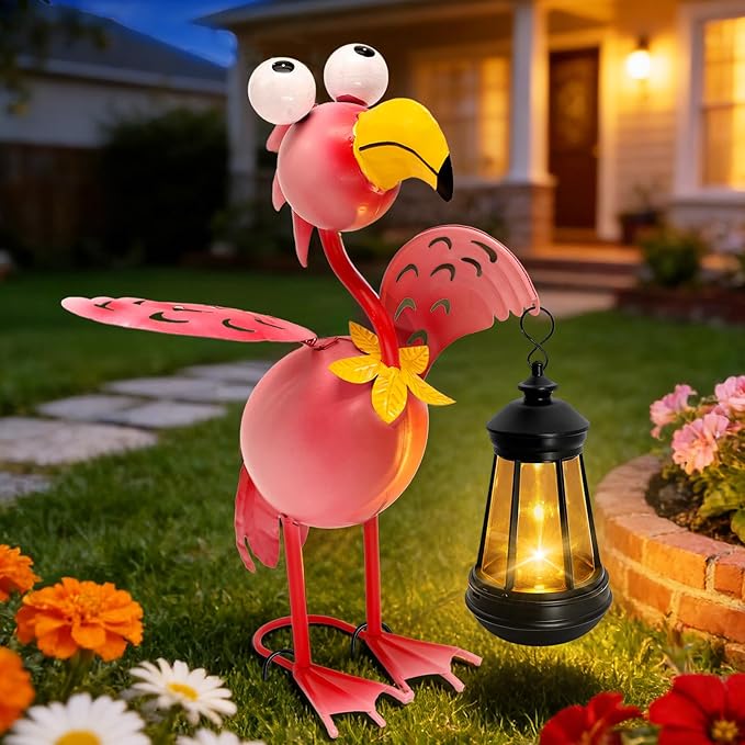 Solar Flamingo Statue with Lights,13in Tall Solar Flamingo Garden Sculptures, Birthday Gift for Woman Grandma Big Metal Decorative for Outdoor Patio Porch Ornaments Lawn Yard Balcony yulloyello
