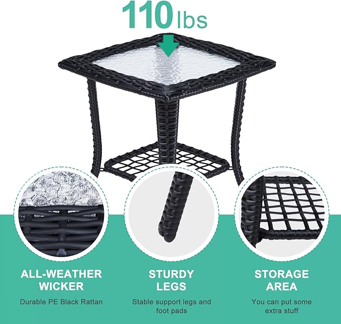 VINGLI Outdoor Side Table with Storage Wicker Patio Side Table, Tempered Glass Top End Table for Balcony Porch Deck (Black) VINGLI