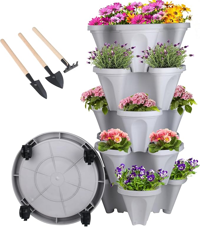 GameXcel Vertical Planter 5 Tier Stackable Planters Garden Planters Strawberry Herb Flower and Vegetable Planter Indoor Outdoor Gardening Pots with Removable Wheels and Tools GameXcel