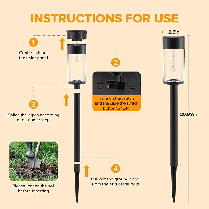 UME 8 Pack Solar Pathway Lights Outdoor, Bright Solar Garden Lights with Metal Design–IP65 Waterproof, Auto On/Off, 3000K LED Landscape Lighting for Yard, Lawn, Walkway, Driveway, Patio Decor UME