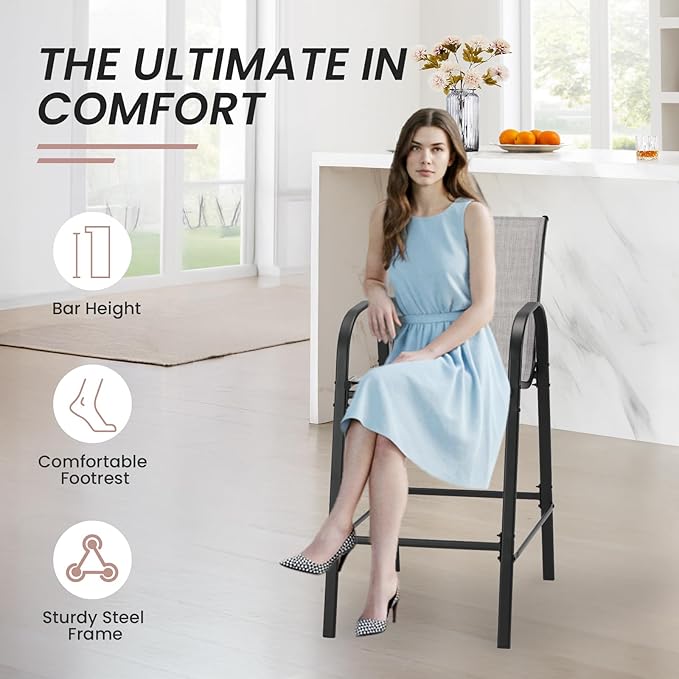 HOMREST Outdoor Bar Height Stools Set of 6,High Back Patio Chairs with Armrests,Textilene Chairs with Breathable Fabric & Metal Frame for All Weather,Light Grey HOMREST