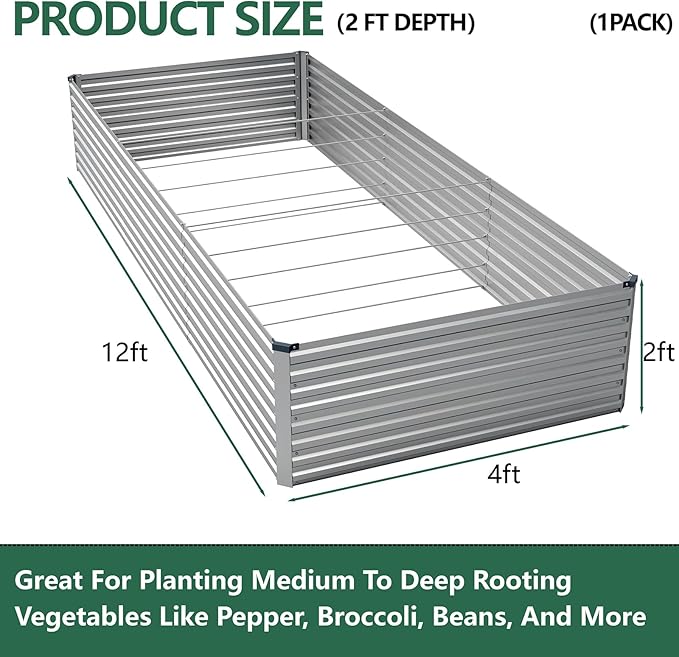 Vengarus 12x4x2FT Galvanized Raised Garden Bed Kit, Large Rectangle Elevated Planter for Vegetables, Flowers, Herbs and Succulents -718 Gallon Capacity, Silver Vengarus