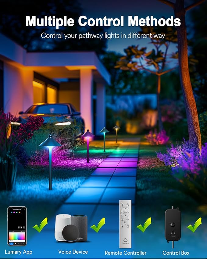 Lumary Smart Low Voltage Pathway Lights 24V 2000LM, Landscape Path Lights with RGBAI Color Changing, App/Remote Control, IP65 Waterproof Walkway Lights for Yard Driveway Garden, 4 Pack, Black Aluminum Lumary
