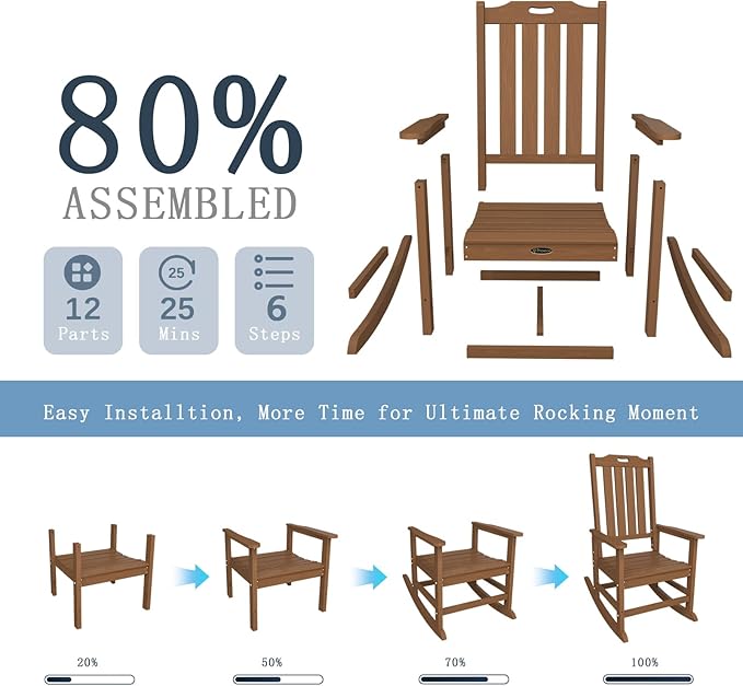Oversized Rocking Chair Set of 8, Outdoor Rocking Chair for Adults, All Weather Resistant Porch Rocker for Lawn Garden, Wood THOEOE