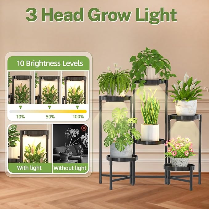 iDavosic.ly Plant Stand Indoor with Grow Light, 6 Tier Corner Metal Flower Display Holder Shelf, Easy Assembly Folding Tall Orchid Rack for Patio Balcony Porch Garden Living Room House, Black iDavosicly