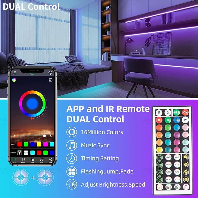 KSIPZE Led Lights for Bedroom 65.6ft Led Strip Lights with Remote RGB Color Changing Music Sync Bluetooth Smart App Control for Room Bedroom Lighting Flexible Home Décor KSIPZE