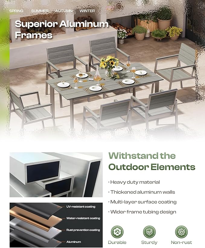 Aluminum Outdoor Dining Set for 6, Patio Table and Chairs Set with Umbrella Hole, 7 Pieces HDPS Outdoor Furniture Sets for Patio, Garden (Gray & Teak) Oasbira