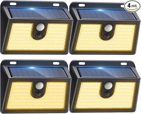 [4 Packs] Solar Motion Sensor Outdoor Lights, Super Bright Solar Lights Outdoor Waterproof, 3 Lighting Modes Security Wall Light for Outside Walking Dog Fence Backyard Deck Garden Door Step Garage Claoner