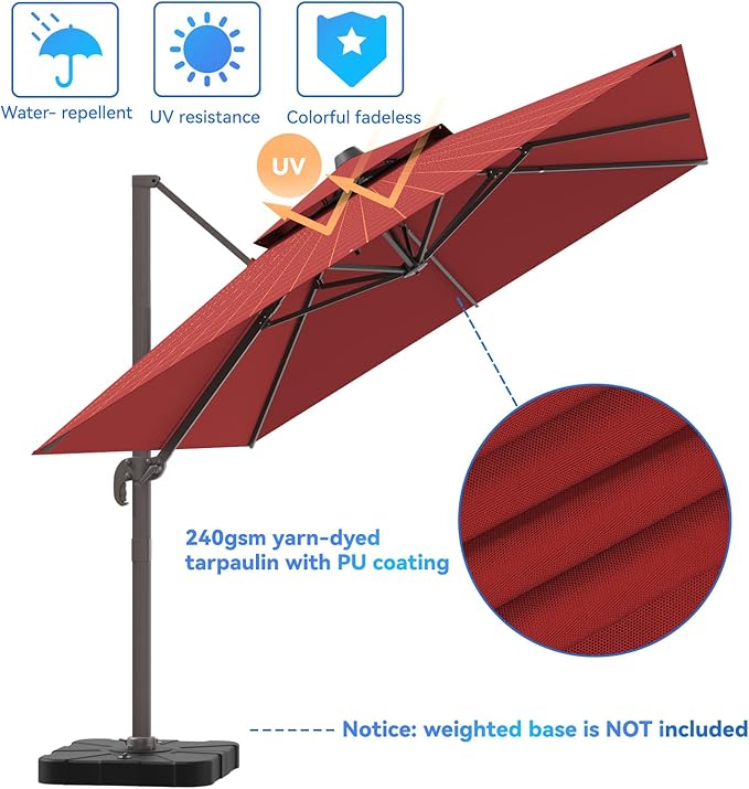 10x13FT Cantilever Outdoor Patio Umbrellas，Double Top Large Rectangle Umbrella Heavy Duty 360°Rotation Offset Outdoor Sun Shade Umbrella for Garden Deck Pool Backyard Patio, Red ZLACUIU