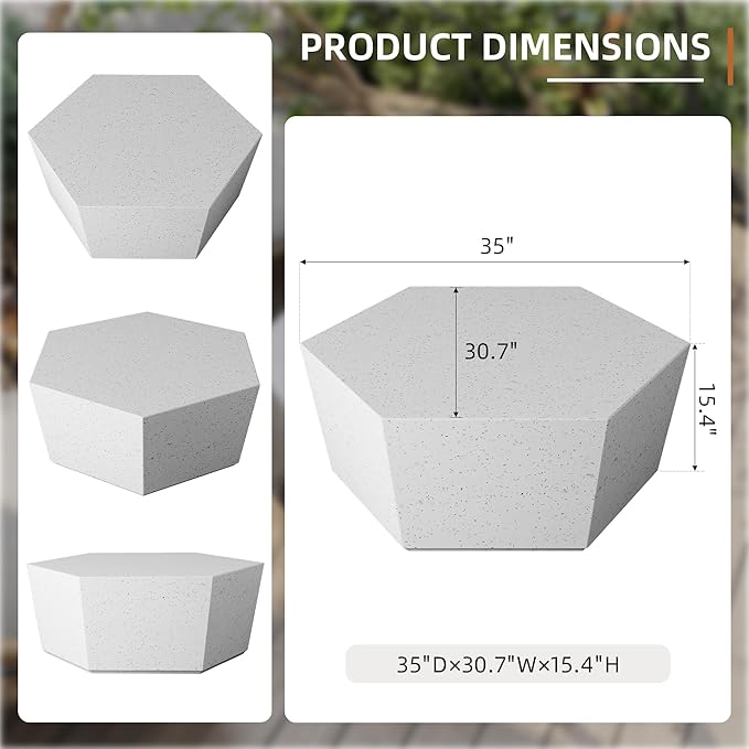 UPHA Outdoor Hexagon Coffee Table, Small Modern Minimalist Accent Tables, Low Light Concrete Center Table for Living Room, Outside Patio, Deck, 35×30.7×15, Off-White UPHA