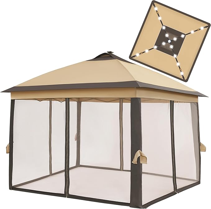 Yaheetech 11'x11' Pop Up Gazebo Instant Tent with 17 Solar LED Lights & Zippered Mesh Netting, Outdoor Shelter Sun Shade Gazebo with Sandbags for Backyard Garden Patio, Khaki & Brown Yaheetech