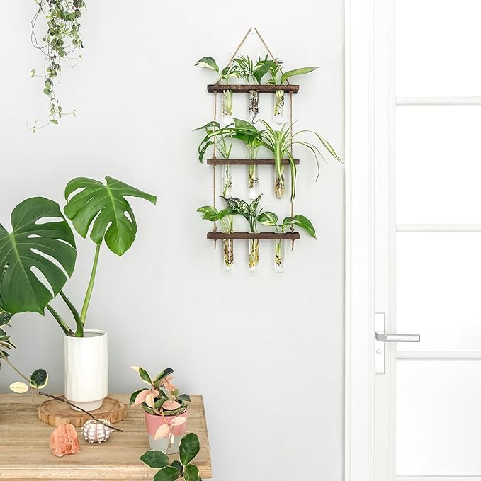Mkono Plant Propagation Tubes, 3 Tiered Wall Hanging Terrarium with Wooden Stand Flower Vase Test Tube Glass Planter Stations for Hydroponic Cutting Home Garden Office Decor (Brown, Small) Mkono
