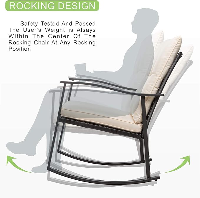Vongrasig 3 Piece Outdoor Rocking Chair Set, PE Wicker Rattan Small Bistro Set, Front Porch Furniture Rocking Chairs Set of 2, Cushioned Patio Rocker Chair Set with Glass Table (Beige) Vongrasig