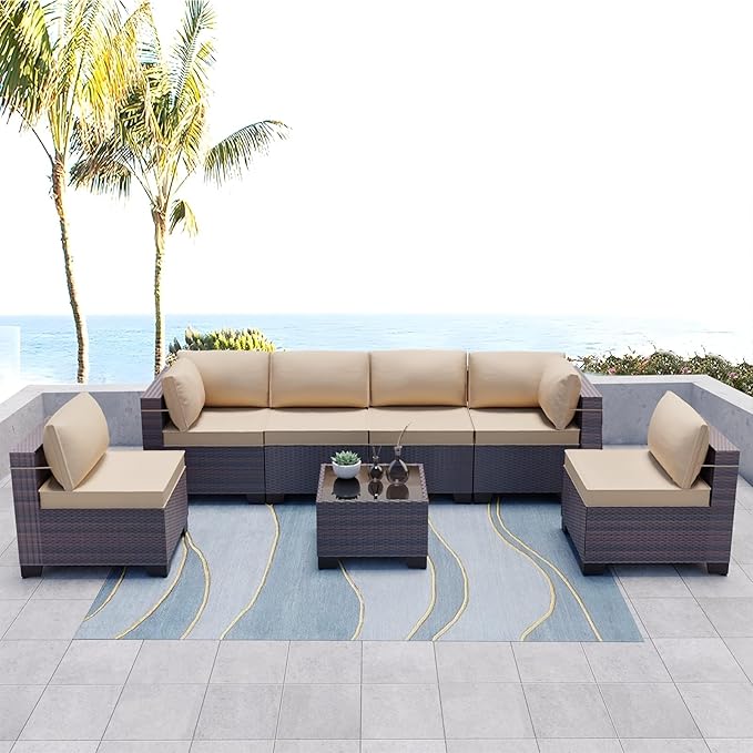 Kullavik 7 Pieces Outdoor Patio Furniture Set PE Wicker Rattan Sectional Sofa Patio Conversation Sets,Sand KULLAVIK