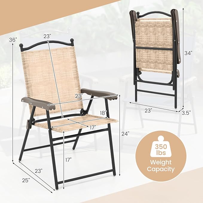 Giantex Set of 2 Patio Folding Chairs, Outdoor Patio Dining Chairs w/Armrest, Sling Back, Metal Frame, Outside Use for Lawn Camping Garden Pool Beach Yard Lounge, No Assembly, Yellow Giantex