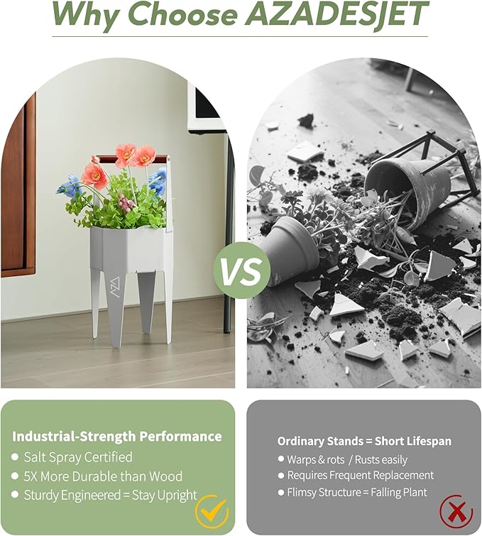 Planter with Stand, Metal 2 in 1 Portable Planter with Grow Bags & Handle, Stable Stylish Indoor Plant Pots with Stand, Modern Flower Pots Outdoor, 7.5'' x 17.3'', White, Plant Not Included SculptingLightGarden