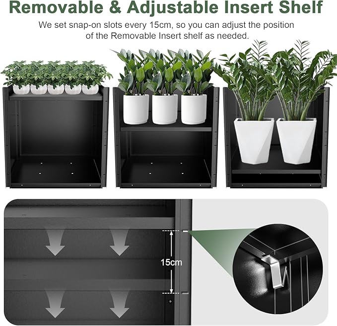 Metal Large Planter Box 26" L x 26" W x 26", Heavy Duty Tall Rectangle Outdoor Planter Box with Removable Insert Shelves for Porch, Garden, Patio, Yard (Black) Baotree