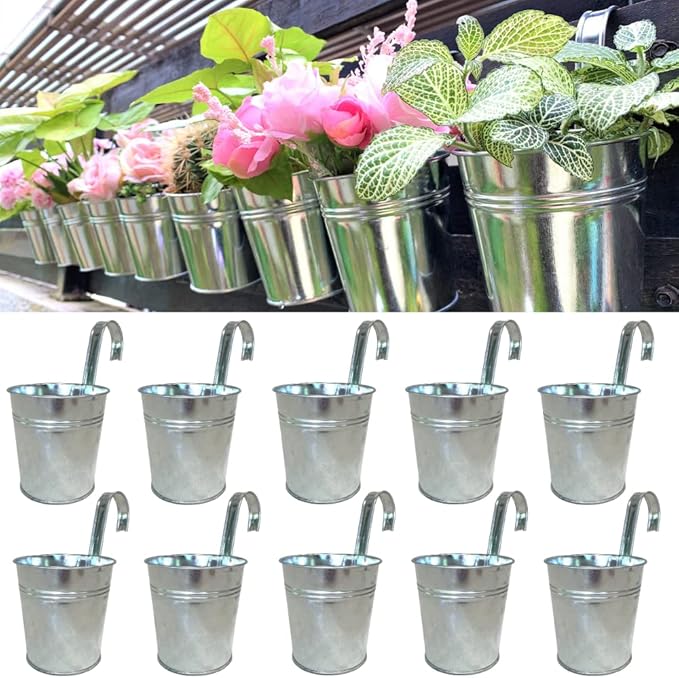 LaLaGreen Fence Planters for Outdoor Plants (10 Pack, 4 Inch) Balcony Planter Railing Hanging, Small Silver Metal Flower Pot Rail Wall Cute Farmhouse Garden Rustic Deck Porch Window Box Bucket Decor L%C3%A1L%C3%A1Green